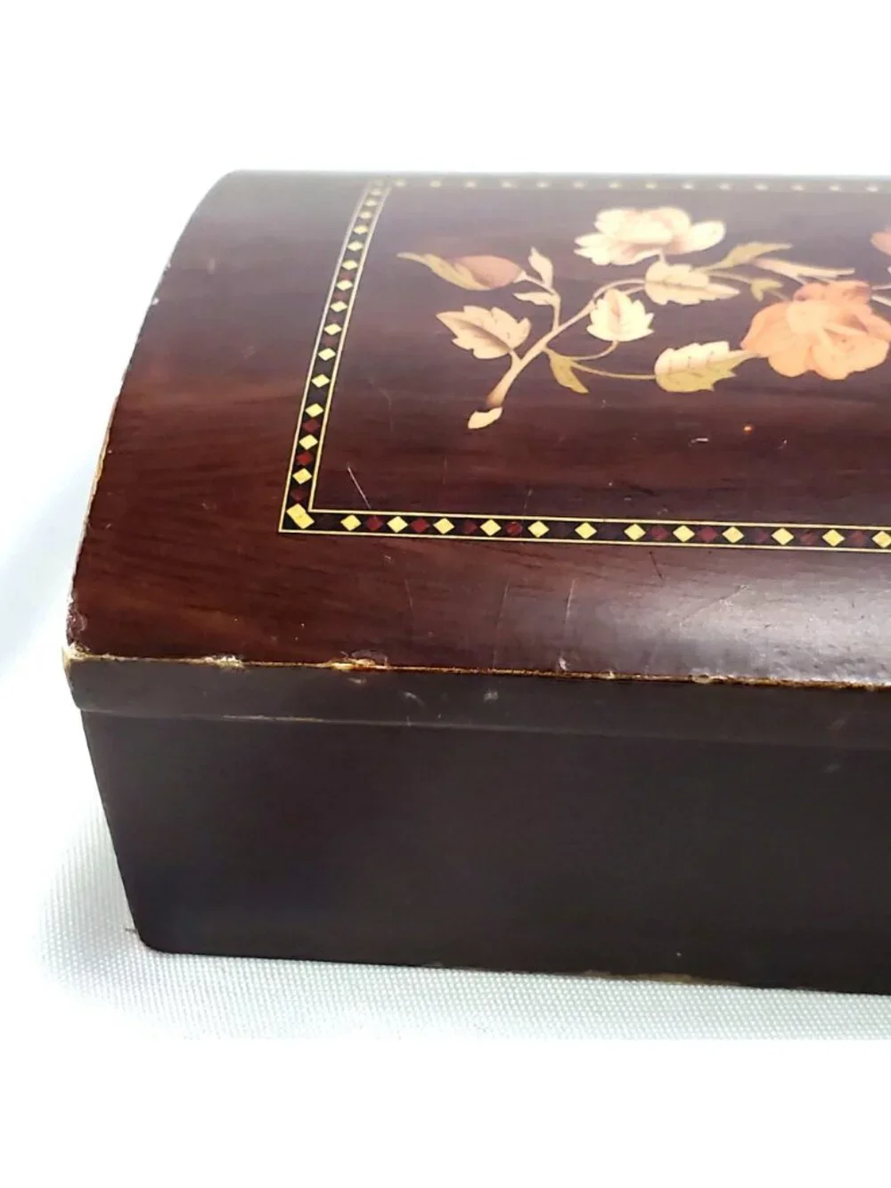 Mahogany Wooden Jewelry Box Floral Marquetry Inly with Mirror 5x3.25 inches